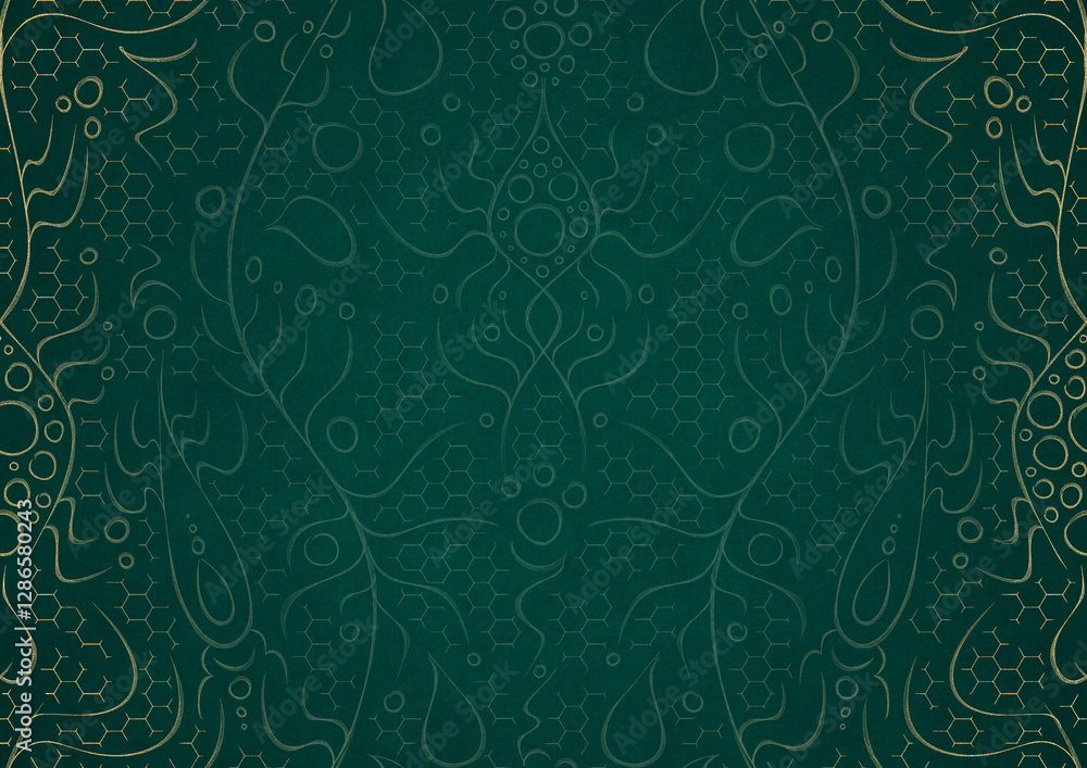 custom made wallpaper toronto digitalHand-drawn unique abstract ornament. Light green on a dark cold green background, with vignette in golden glitter. Paper texture. Digital artwork, A4. (pattern: p13-2a)