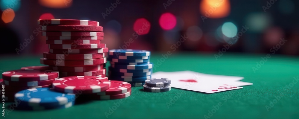 Pile of poker chips and playing cards on felt table , green, black Pile of poker chips and playing cards on felt table , green, black