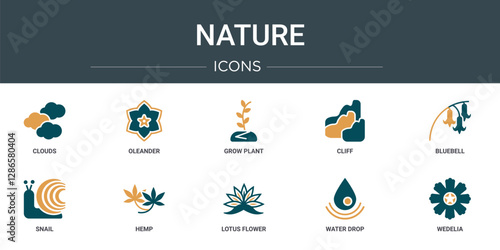 set of 10 outline web nature icons such as clouds, oleander, grow plant, cliff, bluebell, snail, hemp vector icons for report, presentation, diagram, web design, mobile app