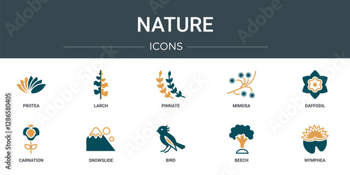 set of 10 outline web nature icons such as protea, larch, pinnate, mimosa, daffodil, carnation, snowslide vector icons for report, presentation, diagram, web design, mobile app