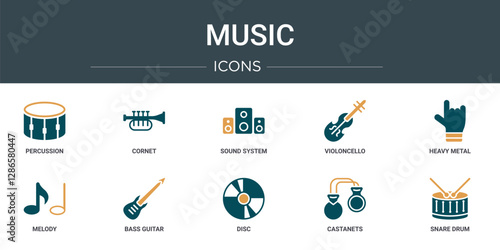 set of 10 outline web music icons such as percussion, cornet, sound system, violoncello, heavy metal, melody, bass guitar vector icons for report, presentation, diagram, web design, mobile app