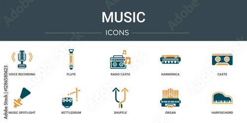 set of 10 outline web music icons such as voice recording, flute, radio caste, harmonica, caste, music spotlight, kettledrum vector icons for report, presentation, diagram, web design, mobile app