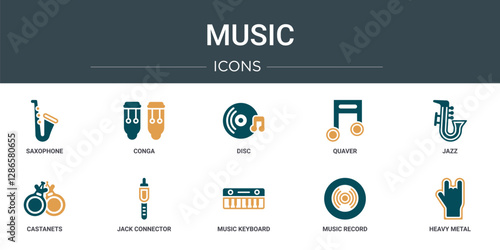 set of 10 outline web music icons such as saxophone, conga, disc, quaver, jazz, castanets, jack connector vector icons for report, presentation, diagram, web design, mobile app