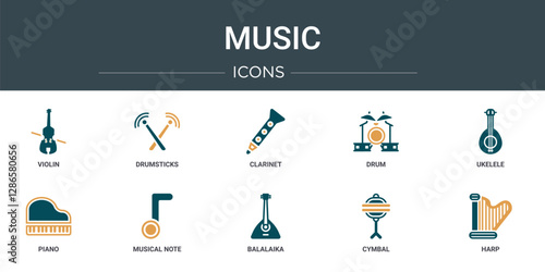 set of 10 outline web music icons such as violin, drumsticks, clarinet, drum, ukelele, piano, musical note vector icons for report, presentation, diagram, web design, mobile app