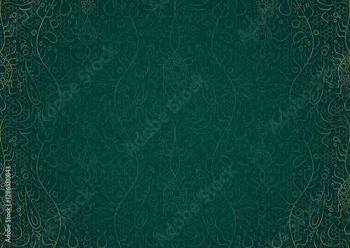 Wallpaper Mural Hand-drawn unique abstract ornament. Light green on a dark cold green background, with vignette in golden glitter. Paper texture. Digital artwork, A4. (pattern: p13-2b) Torontodigital.ca