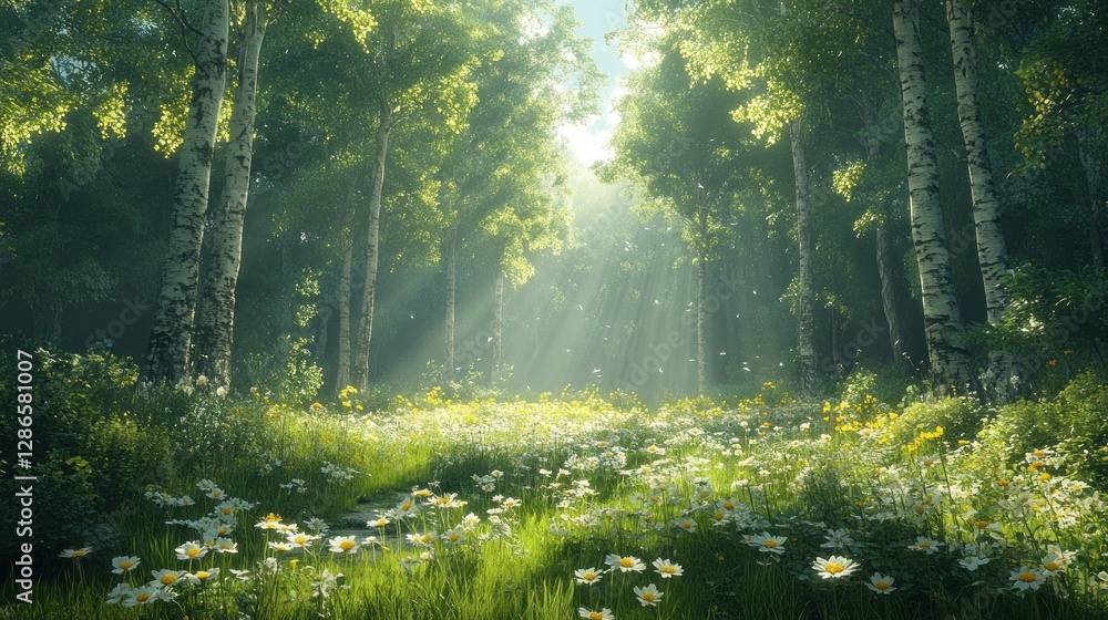 Obraz premium Sunny Forest Path, Daisies, Sunlight