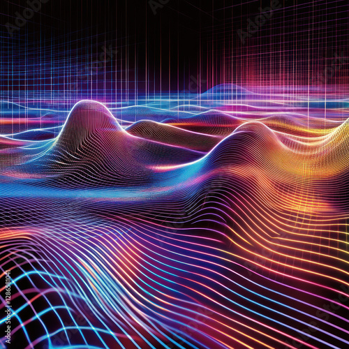 Dynamic multi colored waves of lines sweep across digital landscape, creating vibrant and futuristic scene. flowing lines form undulating patterns, evoking sense of motion and energy
