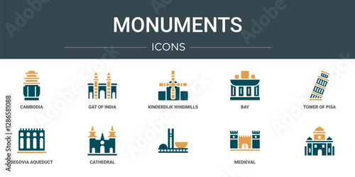 set of 10 outline web monuments icons such as cambodia, gat of india, kinderdijk windmills, bay, tower of pisa, segovia aqueduct, cathedral vector icons for report, presentation, diagram, web