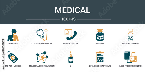 set of 10 outline web medical icons such as esophagus, stethoscope medical heart beats control tool, medical talk of rectangular, pills jar, chain of dna, tag with a cross, molecular configuration
