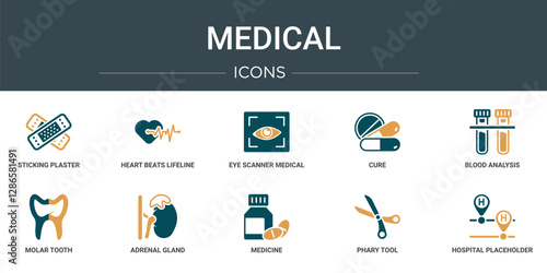 set of 10 outline web medical icons such as sticking plaster, heart beats lifeline in a heart, eye scanner medical, cure, blood analysis, molar tooth, adrenal gland vector icons for report,