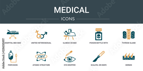 set of 10 outline web medical icons such as hospital bed side view, united heterosexual, illness on bed, poison bottle with a skull, thyroid gland, perfusion, atomic structure vector icons for