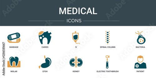 set of 10 outline web medical icons such as bandage, caries, iv, spinal column, bacteria, molar, stoh vector icons for report, presentation, diagram, web design, mobile app