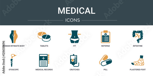 set of 10 outline web medical icons such as woman intimate body part, tablets, fit, notepad, intestine, otoscope, medical records vector icons for report, presentation, diagram, web design, mobile