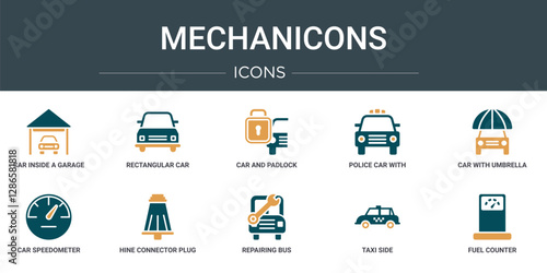 set of 10 outline web mechanicons icons such as car inside a garage, rectangular car front, car and padlock, police with light, with umbrella, speedometer, hine connector plug vector icons for