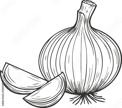 Black and white sketch of a whole onion with slices.