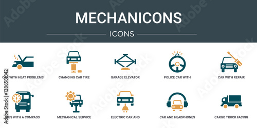 set of 10 outline web mechanicons icons such as car with heat problems, changing car tire, garage elevator, police car with steering wheel, with repair equipment, bus a compass, mechanical service