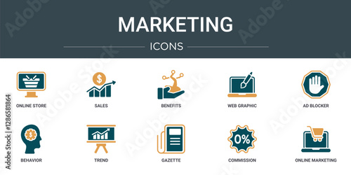 set of 10 outline web marketing icons such as online store, sales, benefits, web graphic, ad blocker, behavior, trend vector icons for report, presentation, diagram, web design, mobile app