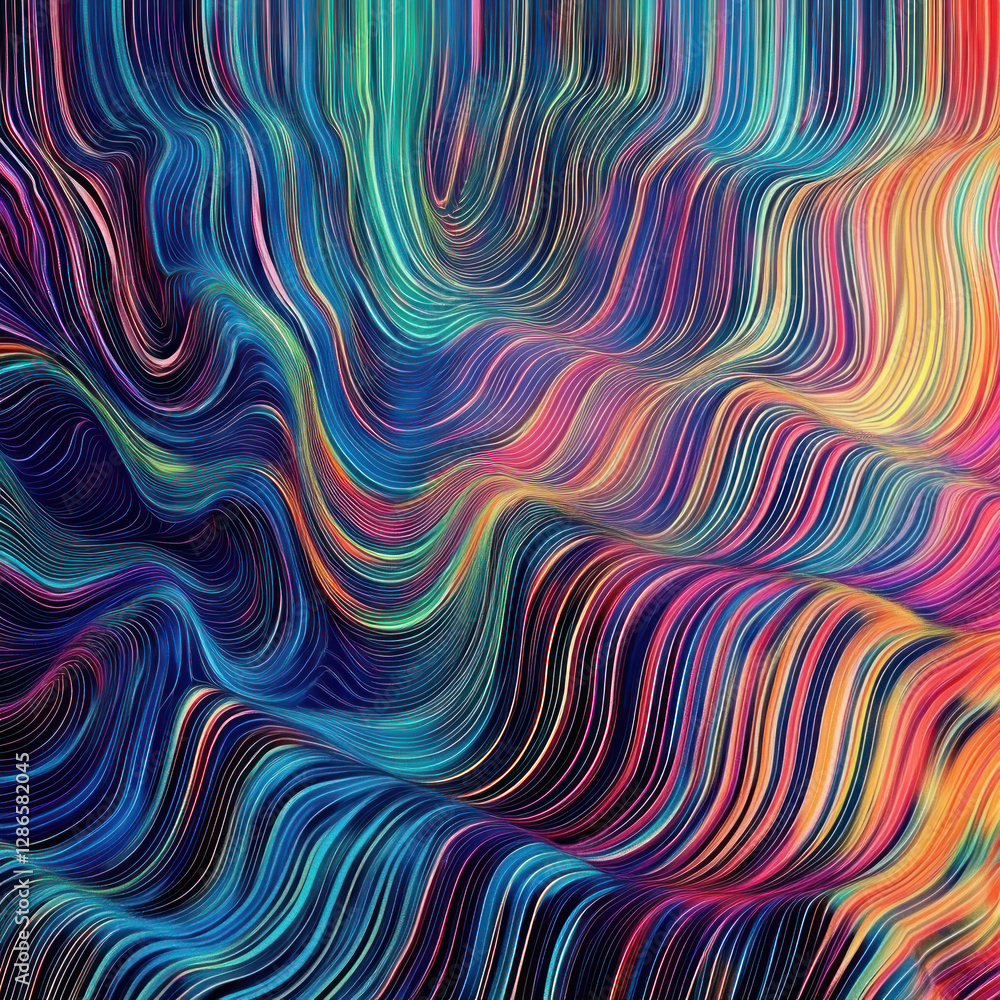 Obraz premium Dynamic multi colored waves of lines sweep across image, creating vibrant and energetic pattern. flowing lines blend seamlessly, forming mesmerizing abstract design with sense of movement and