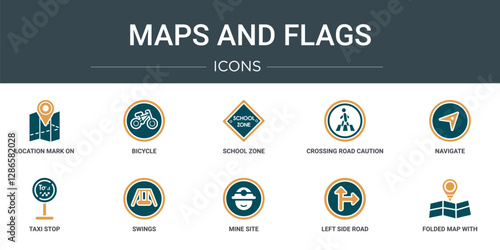 set of 10 outline web maps and flags icons such as location mark on printed map, bicycle, school zone, crossing road caution, navigate, taxi stop, swings vector icons for report, presentation,