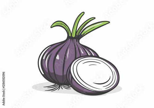 Illustration of a purple onion with green sprout and a sliced half.