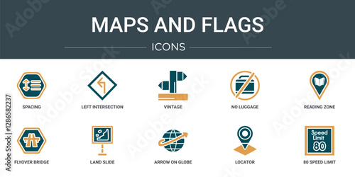 set of 10 outline web maps and flags icons such as spacing, left intersection, vintage, no luggage, reading zone, flyover bridge, land slide vector icons for report, presentation, diagram, web