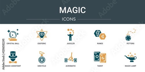 set of 10 outline web magic icons such as crystal ball, esoteric, juggler, runes, fetters, magic assistant, unicycle vector icons for report, presentation, diagram, web design, mobile app