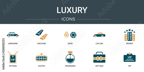 set of 10 outline web luxury icons such as limousine, gold bar, gems, lux car, resort, vip pass, clutch vector icons for report, presentation, diagram, web design, mobile app