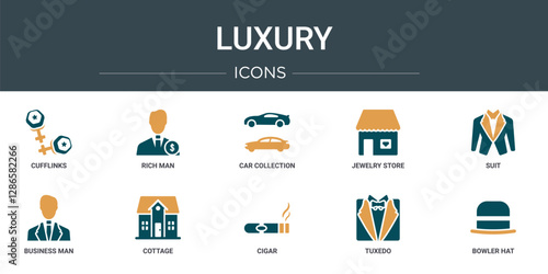 set of 10 outline web luxury icons such as cufflinks, rich man, car collection, jewelry store, suit, business man, cottage vector icons for report, presentation, diagram, web design, mobile app