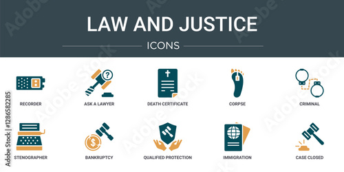 set of 10 outline web law and justice icons such as recorder, ask a lawyer, death certificate, corpse, criminal, stenographer, bankruptcy vector icons for report, presentation, diagram, web design,