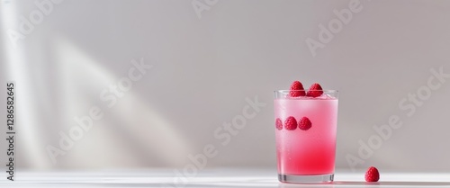 A glass of pink drink with raspberries on top photo