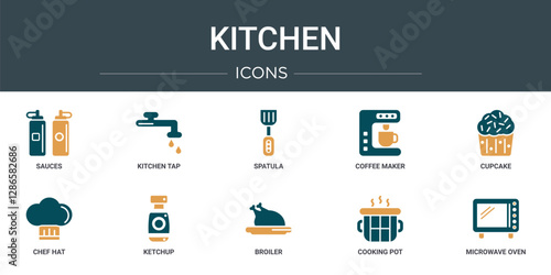 set of 10 outline web kitchen icons such as sauces, kitchen tap, spatula, coffee maker, cupcake, chef hat, ketchup vector icons for report, presentation, diagram, web design, mobile app