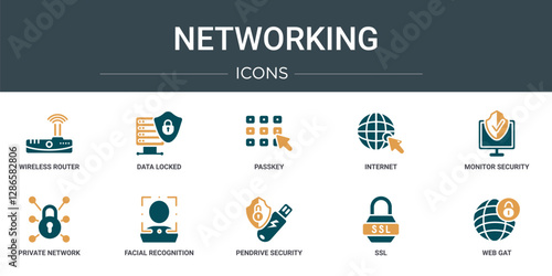 set of 10 outline web networking icons such as wireless router, data locked, passkey, internet, monitor security, private network, facial recognition vector icons for report, presentation, diagram,