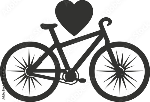 Black and white bicycle icon with a heart symbol above it.