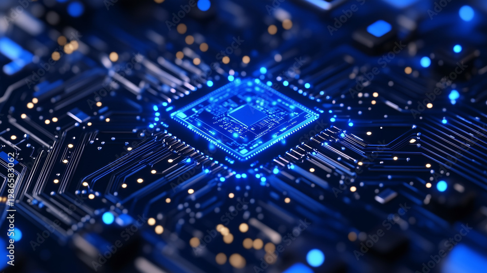 Fototapeta premium A close-up view of a luminous blue circuit board, showcasing intricate technological details and the core processor. quantum computer concept