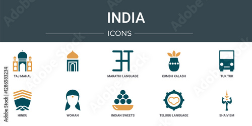 set of 10 outline web india icons such as taj mahal,  , marathi language, kumbh kalash, tuk tuk, hindu, woman vector icons for report, presentation, diagram, web design, mobile app