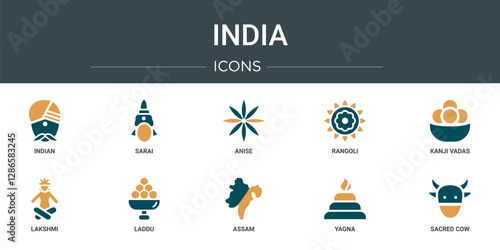 set of 10 outline web india icons such as indian, sarai, anise, rangoli, kanji vadas, lakshmi, laddu vector icons for report, presentation, diagram, web design, mobile app