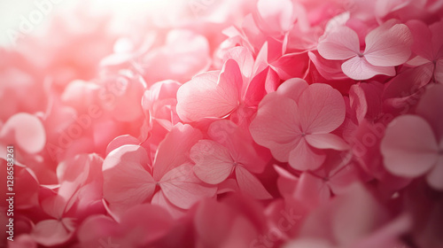 close up view of lush flower bed filled with vibrant pink hydrangea petals, softly illuminated by sunlight, creating serene and romantic atmosphere