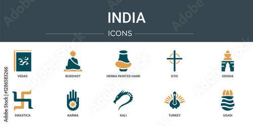 set of 10 outline web india icons such as vedas, buddhist, henna painted hand, gtic, odisha, swastica, karma vector icons for report, presentation, diagram, web design, mobile app