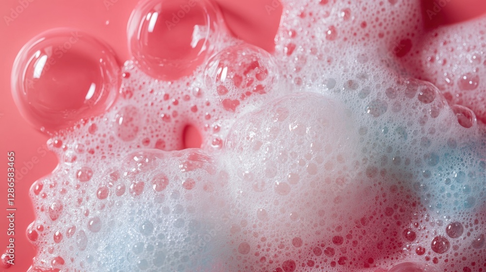 Fototapeta premium Colorful bubbles on pink surface background.