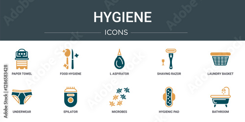 set of 10 outline web hygiene icons such as paper towel, food hygiene, l aspirator, shaving razor, laundry basket, underwear, epilator vector icons for report, presentation, diagram, web design,