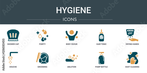 set of 10 outline web hygiene icons such as shower cap, purity, body odour, hair tonic, drying hands, douche, grooming vector icons for report, presentation, diagram, web design, mobile app