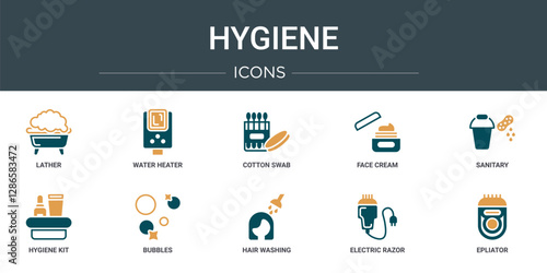set of 10 outline web hygiene icons such as lather, water heater, cotton swab, face cream, sanitary, hygiene kit, bubbles vector icons for report, presentation, diagram, web design, mobile app