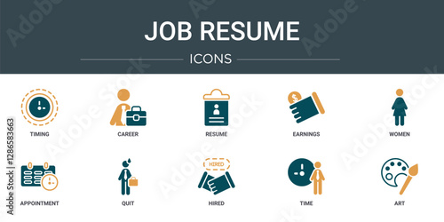 set of 10 outline web job resume icons such as timing, career, resume, earnings, women, appointment, quit vector icons for report, presentation, diagram, web design, mobile app