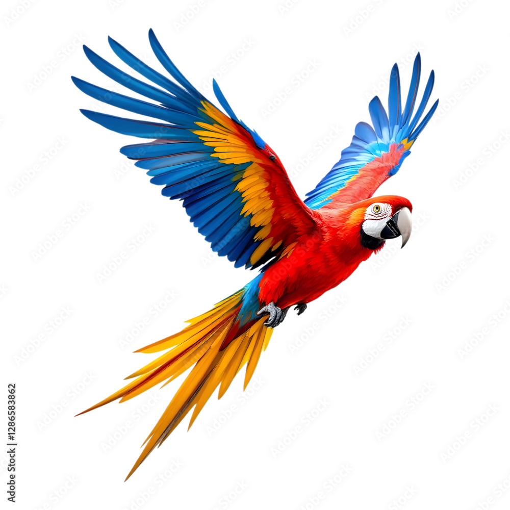 Fototapeta premium Majestic scarlet macaw in flight with bright blue, red, and yellow feathers isolated on transparent background