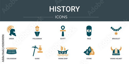 set of 10 outline web history icons such as greek, policeman, egypt, face, bracelet, colosseum, guide vector icons for report, presentation, diagram, web design, mobile app