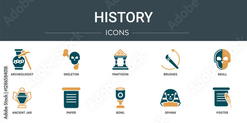 set of 10 outline web history icons such as archeologist, skeleton, pantheon, brushes, skull, ancient jar, paper vector icons for report, presentation, diagram, web design, mobile app
