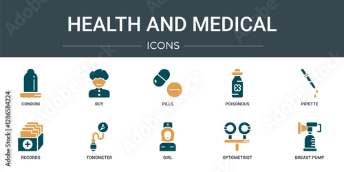 set of 10 outline web health and medical icons such as condom, boy, pills, poisonous, pipette, records, tonometer vector icons for report, presentation, diagram, web design, mobile app