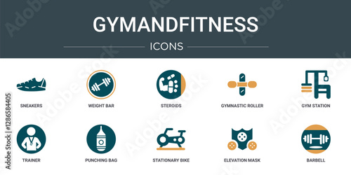 set of 10 outline web gymandfitness icons such as sneakers, weight bar, steroids, gymnastic roller, gym station, trainer, punching bag vector icons for report, presentation, diagram, web design,