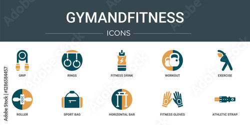 set of 10 outline web gymandfitness icons such as grip, rings, fitness drink, workout, exercise, roller, sport bag vector icons for report, presentation, diagram, web design, mobile app