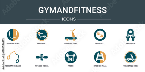 set of 10 outline web gymandfitness icons such as jumping rope, treadmill, running hine, dumbbell, hand grip, resistance band, fitness wheel vector icons for report, presentation, diagram, web